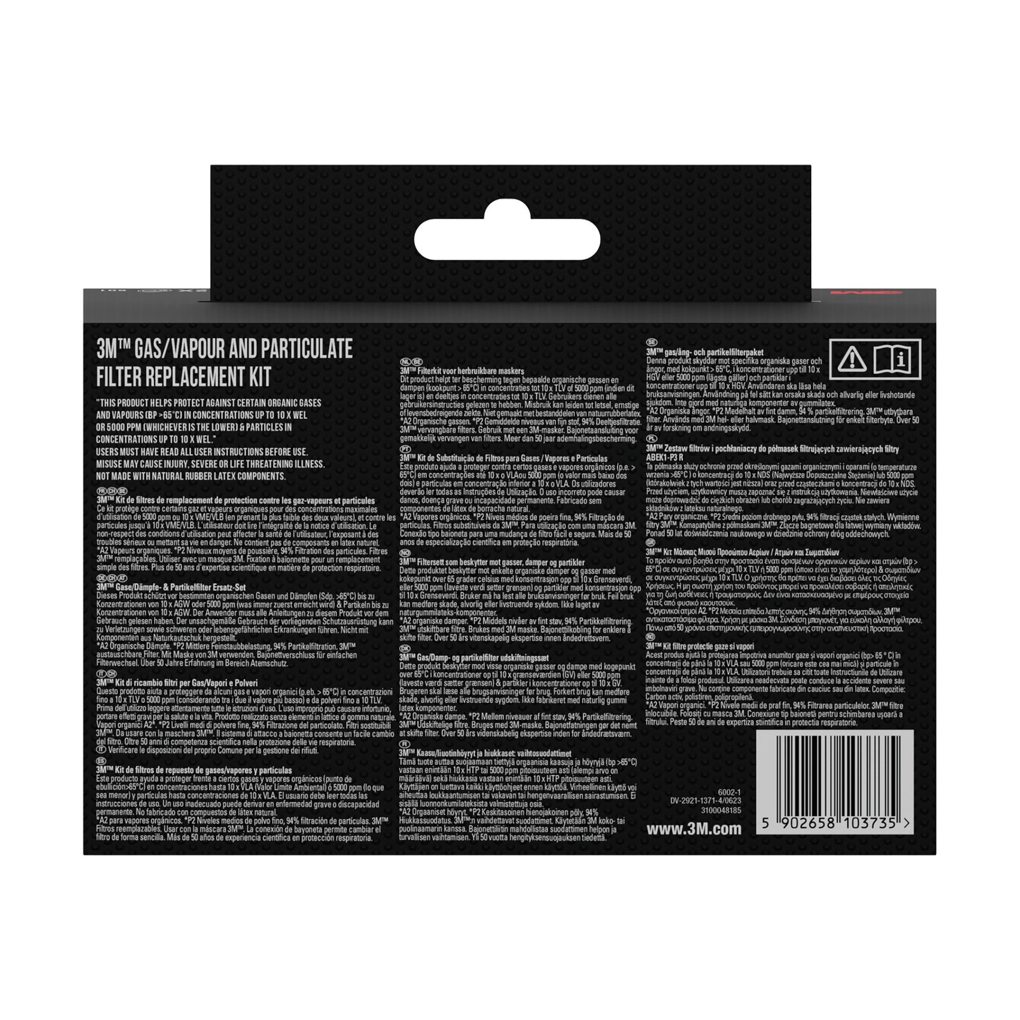 Rückansicht eines Kartons der 3M Deutschland GmbH mit Angaben zu 3M™ Partikelfilter 5935, P3 (2 Paar/Packung) + Filterhalterung 501 (1 Paar/Packung), mit Produktinformation, Gebrauchsanweisung und Barcode in Weiß auf Schwarz.