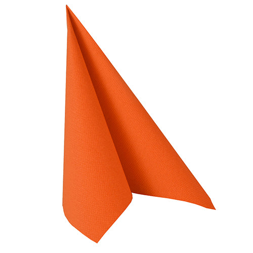 The napkin PAPSTAR GmbH 50 napkins "ROYAL Collection" 1/4-fold 40 x 40 cm in nectarine is folded into a standing triangle on a white background, highlighting the elegant design.