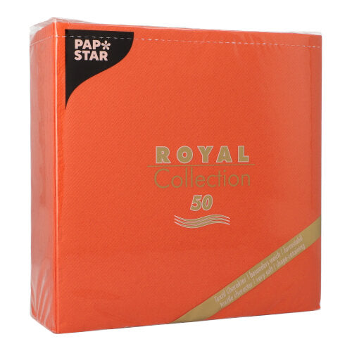 A pack of PAPSTAR GmbH 50 napkins "ROYAL Collection" 1/4-fold, 40 x 40 cm in nectarine, packaged in clear foil, with gold and white lettering.