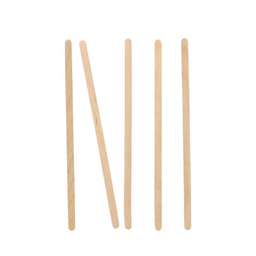 Five PAPSTAR wooden stirring sticks "pure" (14 cm) from PAPSTAR GmbH are arranged vertically on a white background, with the second stirring stick from the left tilted diagonally to the right.