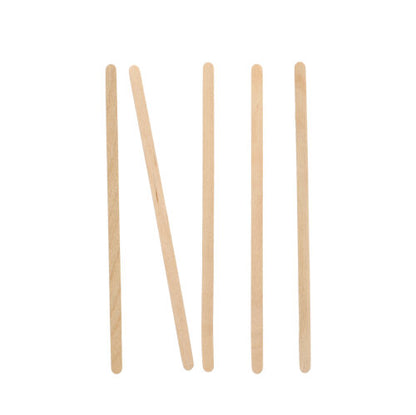 Five PAPSTAR wooden stirring sticks "pure" (14 cm) from PAPSTAR GmbH are arranged vertically on a white background, with the second stirring stick from the left tilted diagonally to the right.