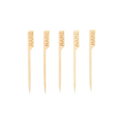 Five PAPSTAR 250 steak markers 9 cm skewers from PAPSTAR GmbH are arranged in a row, each with the engraving "RARE" on the top. Ideal for restaurant kitchens to mark steaks, the wooden skewers are evenly arranged on a white background.