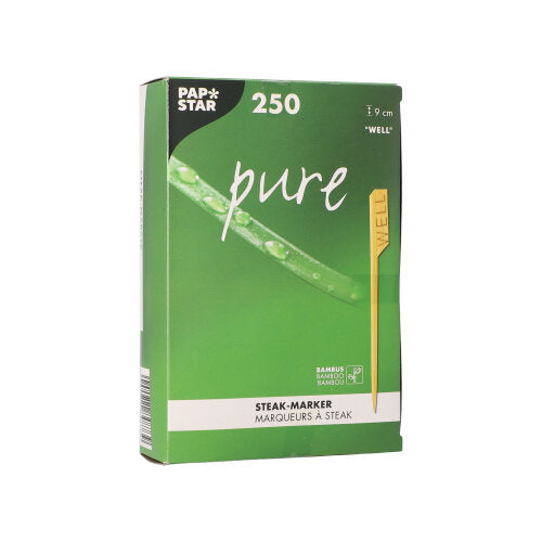 A green box from PAPSTAR GmbH with the inscription "PAPSTAR 250 steak markers 9 cm" contains 250 bamboo steak markers. The packaging shows a marker with the inscription "WELL" and includes English and French text – ideal for restaurant kitchens.