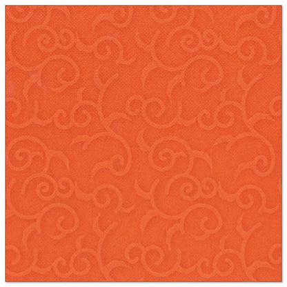 A square, nectarine-orange napkin with a subtle embossed swirl pattern, inspired by the style of the ROYAL Collection napkins from PAPSTAR GmbH. Product: PAPSTAR 50 napkins "ROYAL Collection" 1/4-fold 40 x 40 cm nectarine.
