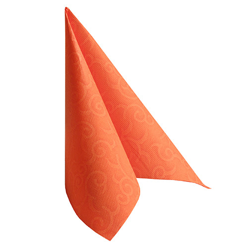 On a white background, a standing nectarine PAPSTAR 50 napkins "ROYAL Collection" 1/4-fold napkin (40 x 40 cm) from PAPSTAR GmbH is depicted, folded into a triangle with a subtle swirl pattern.