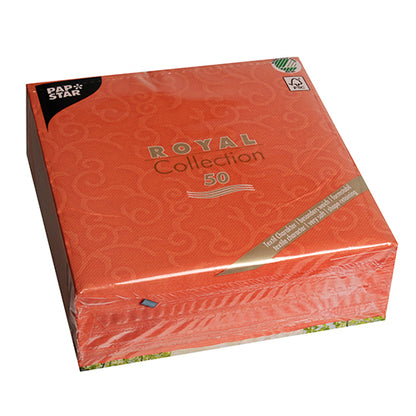 A pack of 50 napkins "ROYAL Collection" in nectarine from PAPSTAR GmbH (40 x 40 cm, 1/4 fold), in plastic packaging with a subtle decorative pattern and gold/white text on the front.