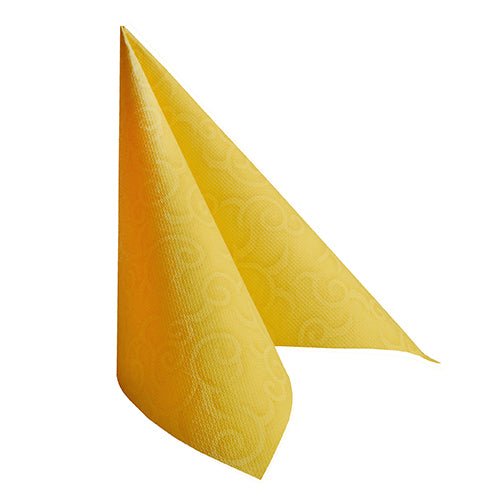 A single PAPSTAR 50 "ROYAL Collection" napkins 1/4-fold 40 x 40 cm yellow from PAPSTAR GmbH is folded upright into a triangular shape on a white background, showcasing its fine texture pattern.