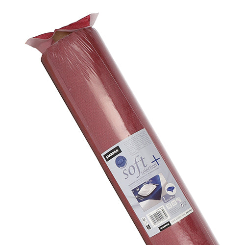 Eine Rolle Starpak Tischdecke, stoffähnlich, Vlies "soft selection plus" kommt in einer Kunststoffverpackung mit Produktinformationen und Bildern, die ihre stilvolle, dauerhafte Verwendung zeigen - ähnlich wie eine Stofftischdecke für den Einweggebrauch.