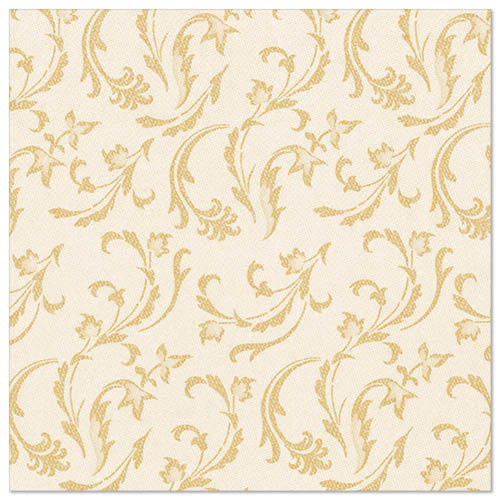 Die PAPSTAR 50 Servietten "ROYAL Collection" 1/4-Falz 40 x 40 cm in Champagner der PAPSTAR GmbH zeigen ein klassisches, dekoratives Blumen- und Rankendesign in Gold auf beigem Hintergrund und verleihen jedem gedeckten Tisch Eleganz.