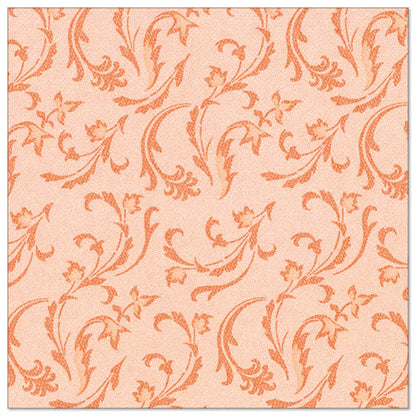 The PAPSTAR 50 napkins "ROYAL Collection" 1/4-fold 40 x 40 cm in nectarine from PAPSTAR GmbH have a peach-colored background with a repeating, artistic floral and vine pattern in a darker shade of orange.