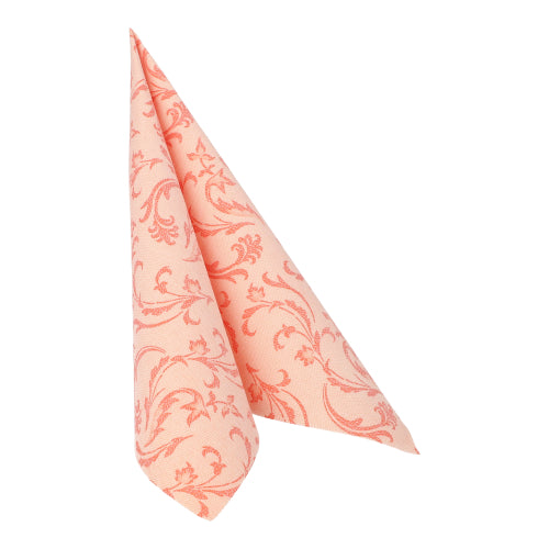 A neatly folded nectarine-colored PAPSTAR "ROYAL Collection" 1/4-folded napkin 40x40 cm with an elegant damask pattern stands upright against a white background.