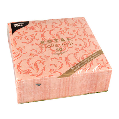 A pack of 50 napkins "ROYAL Collection" from PAPSTAR GmbH (40x40 cm, 1/4 folded) in nectarine with a floral pattern, packaged in plastic. The label shows "ROYAL Collection 50" and the PAPSTAR napkin logo in the upper left corner.