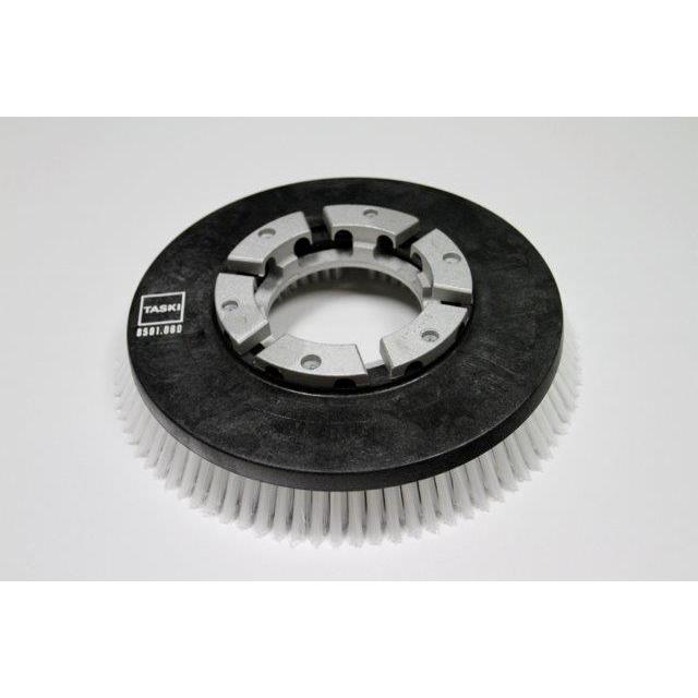 The scrubbing brush Nylon (35 cm) from Diversey Deutschland GmbH & Co. OHG is a round standard scrubbing brush with white bristles for swingo 2500, labeled with "TASKI 8501.080", designed for hard floors. One piece per package, depicted on a solid white background.