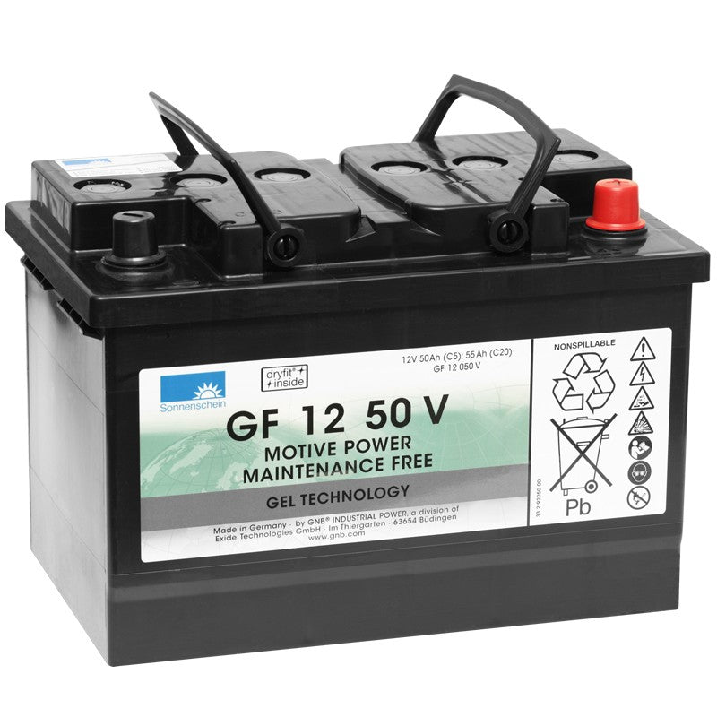 The Diversey Deutschland GmbH & Co. OHG battery traction block is a rectangular, black-grey 12V/50Ah maintenance-free gel battery with carrying handles, product labels, technical data, safety symbols, and recycling information on the side.