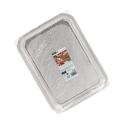Starpak 3 serving plates, aluminum: A pack of three rectangular disposable aluminum plates from Starpak, wrapped in plastic and with a labeled packaging featuring an appetizing food image for an elegant presentation.