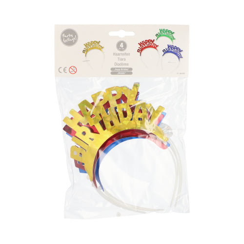 The PAPSTAR 4 headbands color assorted "Metallic" from PAPSTAR GmbH contain four plastic headbands with metallic "Happy Birthday" lettering in gold, red, blue, and green - ideal for parties. Clear packaging with labeled cardboard lid included.