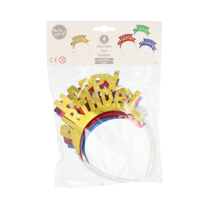 The PAPSTAR 4 headbands color assorted "Metallic" from PAPSTAR GmbH contain four plastic headbands with metallic "Happy Birthday" lettering in gold, red, blue, and green - ideal for parties. Clear packaging with labeled cardboard lid included.