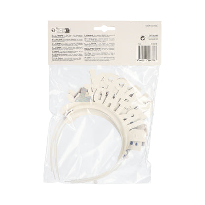 A pack of PAPSTAR 4 headbands color assorted "Metallic" from PAPSTAR GmbH, seen from the back. The colorful metallic headbands are visible through the transparent foil, with packaging text and barcode on top - ideal for parties.