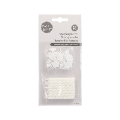 A blister pack with 24 birthday candles from PAPSTAR GmbH, 6 cm white with holders. Multilingual packaging (German, English, French); candles visible through clear foil.