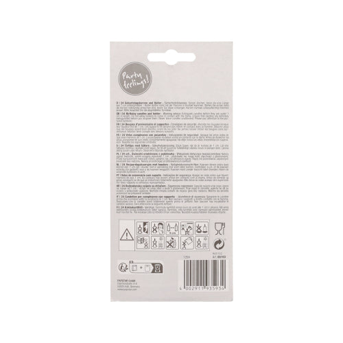On the back of a light gray, rectangular packaging of PAPSTAR GmbH are multilingual texts, warning symbols, care instructions, barcode, and the "Party! Edition!" logo. Describes the PAPSTAR birthday candles 6 cm, white with holder | blister (24 pieces) for celebrations.