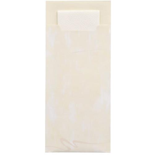A cream-colored PAPSTAR GmbH 520 cutlery bag (20x8.5cm, 2-ply) with a rectangular flap is partially open, revealing a matching napkin inside; the smooth surface has subtle color variations.