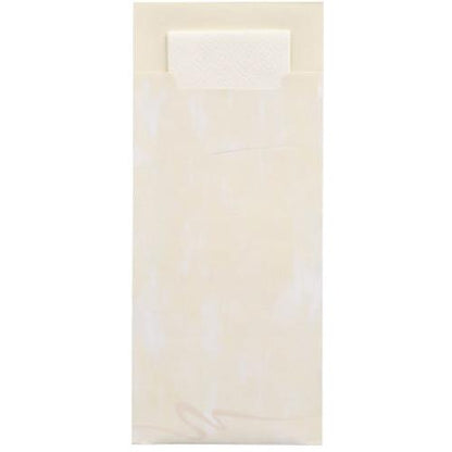 A cream-colored PAPSTAR GmbH 520 cutlery bag (20x8.5cm, 2-ply) with a rectangular flap is partially open, revealing a matching napkin inside; the smooth surface has subtle color variations.