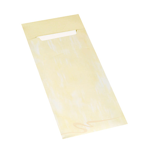 A light yellow PAPSTAR 520 cutlery bag (20 x 8.5 cm, 2-ply, with matching napkin) from PAPSTAR GmbH lies flat on a white background, the rectangular flap is partially open.