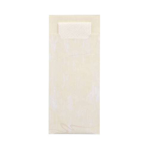 A cream-colored PAPSTAR 520 cutlery bag (20 cm x 8.5 cm, 2-ply) from PAPSTAR GmbH stands upright, the textured flap is partially open, revealing the matching napkin. The background is plain white.