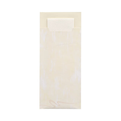 A cream-colored PAPSTAR 520 cutlery bag (20 cm x 8.5 cm, 2-ply) from PAPSTAR GmbH stands upright, the textured flap is partially open, revealing the matching napkin. The background is plain white.