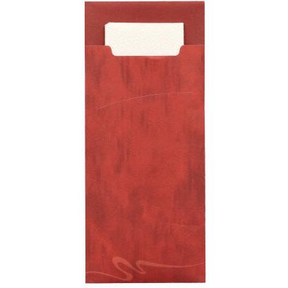 The 520 cutlery pouches from PAPSTAR GmbH feature a rectangular, red, two-layer holder (20 x 8.5 cm) with a cutout for easy access to the matching cream-colored napkin (33 x 33 cm), which is partially visible inside.