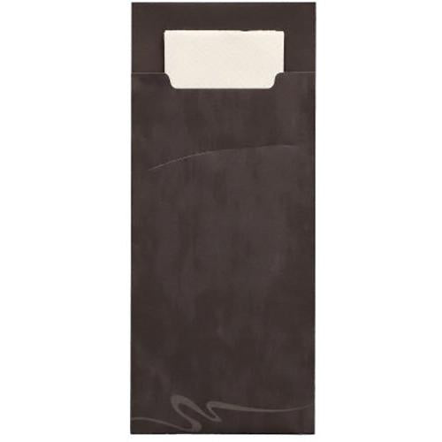 The PAPSTAR 520 cutlery bags (20 x 8.5 cm, 2-ply) from PAPSTAR GmbH are a black rectangular paper sleeve with a top cutout and an integrated folded white napkin (33 x 33 cm).