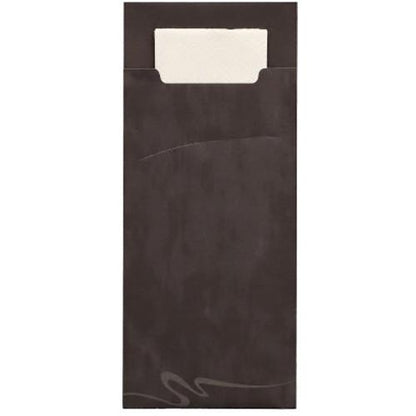 The PAPSTAR 520 cutlery bags (20 x 8.5 cm, 2-ply) from PAPSTAR GmbH are a black rectangular paper sleeve with a top cutout and an integrated folded white napkin (33 x 33 cm).