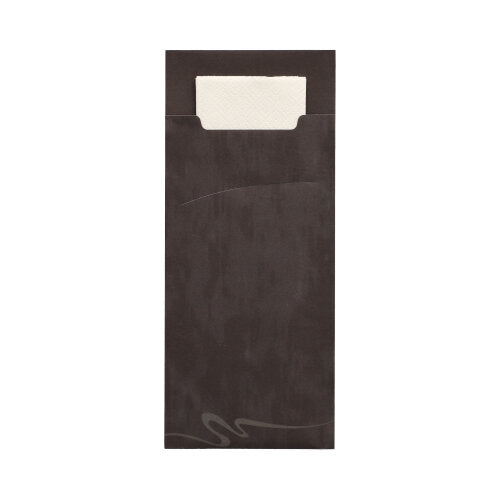 The PAPSTAR 520 cutlery bags from PAPSTAR GmbH are brown 2-ply paper bags (20x8.5 cm) with a matching white napkin (33x33 cm) partially visible inside and featuring a subtle curved line design on the front.