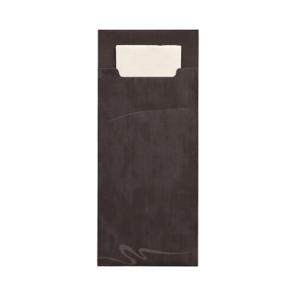 The PAPSTAR 520 cutlery bags from PAPSTAR GmbH are brown 2-ply paper bags (20x8.5 cm) with a matching white napkin (33x33 cm) partially visible inside and featuring a subtle curved line design on the front.