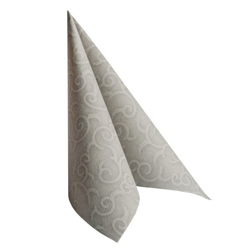 A single folded white PAPSTAR "ROYAL Collection" napkin (40x40 cm, 1/4-fold, embossed swirl pattern) stands upright against a solid background.