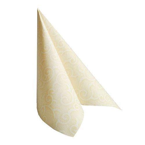 A single cream-colored napkin PAPSTAR 20 napkins "ROYAL Collection" 1/4-fold (40x40 cm) from PAPSTAR GmbH, upright folded in a triangle shape, adds a stylish touch to any table decoration.