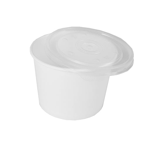 Against a white background is a small, environmentally friendly Starpak soup cup "To Go" (round, white paper) with a transparent plastic lid depicted.