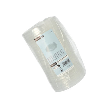A stack of 50 transparent Starpak PP soup cups "To Go" (Ø 11 cm) wrapped in foil with a blue and white label with product details and barcode ensures a spill-free use.