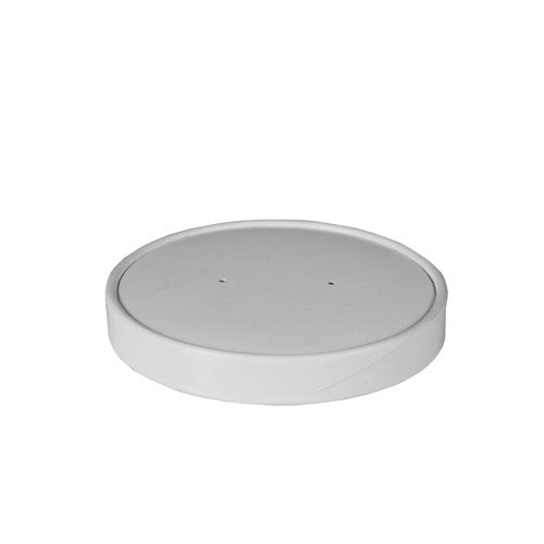 The Starpak 50 lid for soup cups, cardboard "To Go" round white is a simple, round, white lid with two small holes in the middle – ideal as an eco-friendly packaging and To Go solution.