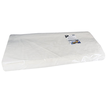 A rectangular white PAPSTAR paper tablecloth with damask embossing (70x60 cm, 250 sheets) from PAPSTAR GmbH is wrapped in clear foil and labeled in the top right on a plain white background.