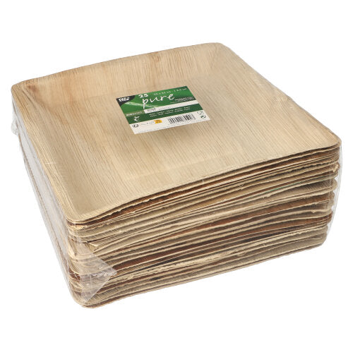 A stack of PAPSTAR 25 plates, palm leaf "pure" from PAPSTAR GmbH – square, light brown plates made from natural palm leaves in eco-friendly packaging, perfect as eco-friendly plates for special occasions.