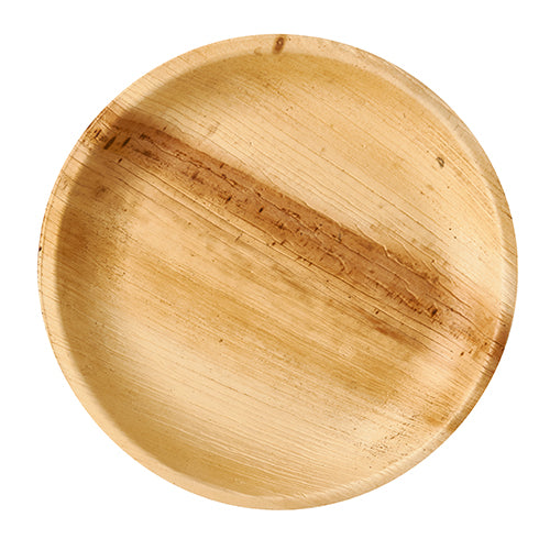 A round PAPSTAR 25 plate, palm leaf "pure" plate from PAPSTAR GmbH, light brown with natural wood grain and dark diagonal stripe, is empty and photographed from above on a white background.