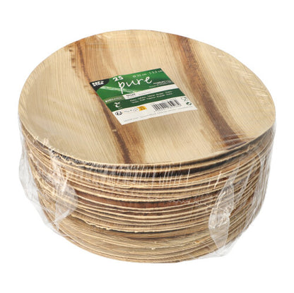 A stack of PAPSTAR 25 plates, palm leaf "pure" round from PAPSTAR GmbH, round biodegradable plates made of clear plastic with a green-white label with brand and quantity - perfect as environmentally friendly disposable tableware for any event.