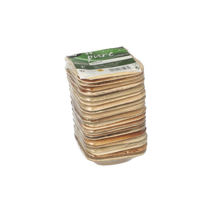 A stack of round PAPSTAR Pure palm leaf bowls (25 pieces) from PAPSTAR GmbH, eco-friendly packaged, ideal for sustainable events. The top bowl bears a green and white label with text.