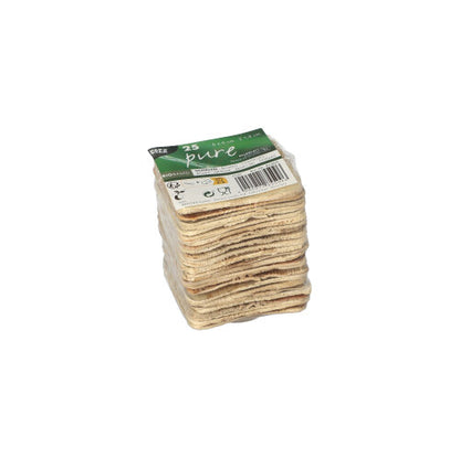 A stack of PAPSTAR 25 bowls, palm leaf "pure" round from PAPSTAR GmbH is packaged in a clear packaging with a green-white label, ideal for sustainable events seeking eco-friendly disposable bowls. Product information includes a barcode.