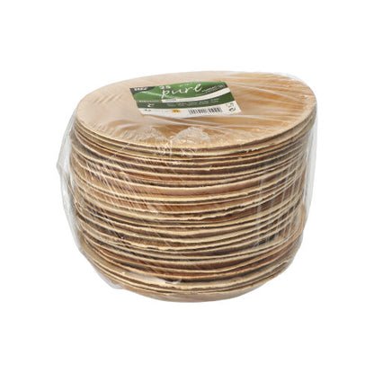 A stack of round, brown disposable plates PAPSTAR 25 plates, palm leaf "pure" from PAPSTAR GmbH is wrapped in clear foil and carries a green-white label at the top.