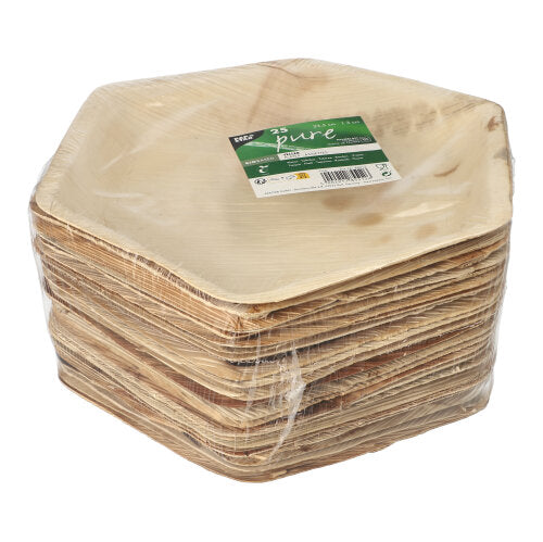 A stack of PAPSTAR plate palm leaf "pure" hexagonal, 23.5 cm (25 pieces) made of natural palm leaf in shrink wrap with green-white label-eco-friendly disposable tableware from PAPSTAR GmbH.