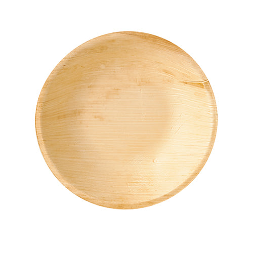 The PAPSTAR 25 bowls, palm leaf "pure" round from PAPSTAR GmbH is a round, light brown disposable bowl with a smooth surface and subtle grain pattern - ideal for sustainable events, photographed from a bird's eye view against a white background.