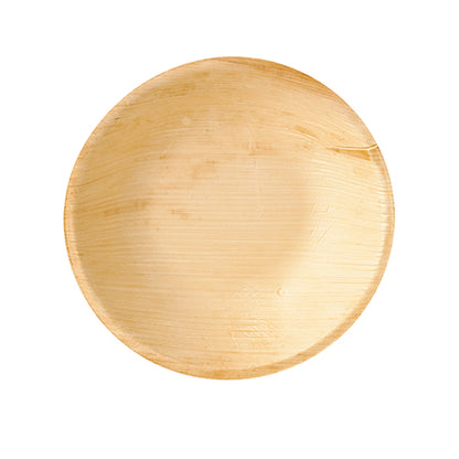The PAPSTAR 25 bowls, palm leaf "pure" round from PAPSTAR GmbH is a round, light brown disposable bowl with a smooth surface and subtle grain pattern - ideal for sustainable events, photographed from a bird's eye view against a white background.