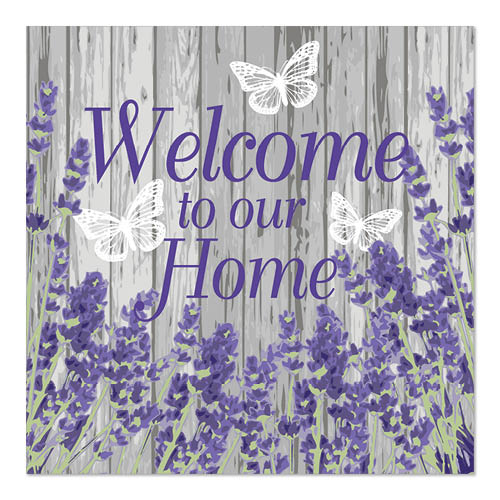 Sign with violet text "Welcome to our Home" on gray wooden background, decorated with lavender flowers and three white butterflies, in reference to PAPSTAR 20 napkins, 33x33cm, 3-ply by PAPSTAR GmbH.